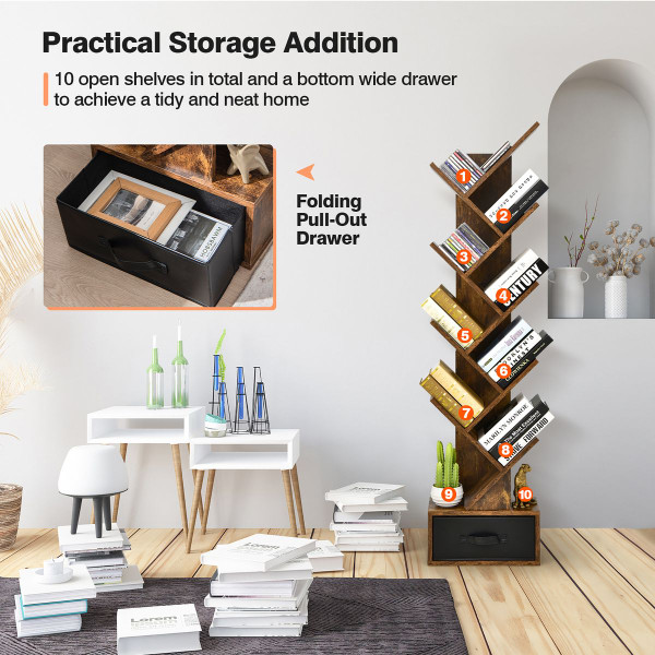 10-tier Tree Bookshelf with Drawer product image