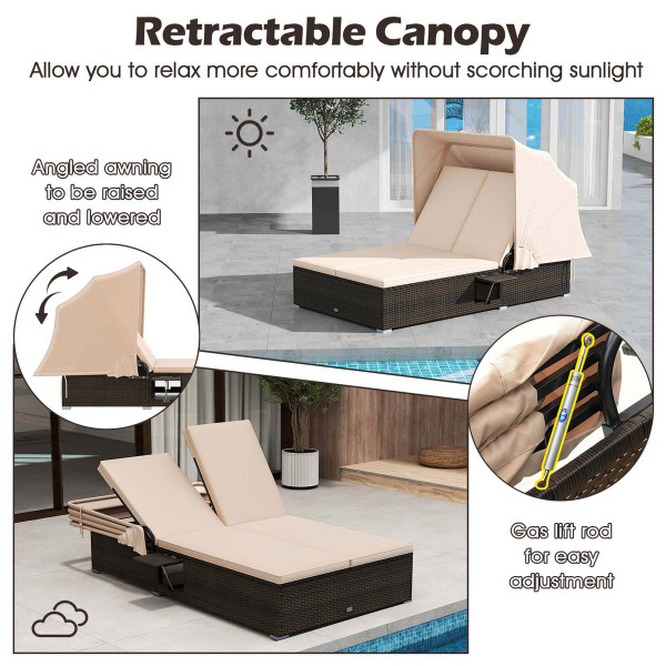 2-Person Rattan Lounge Bed with Retractable Canopy  product image