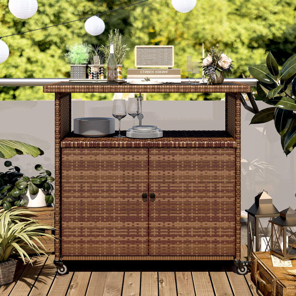Patio Wicker Bar Table Cart with Wheels (3 Colors) product image