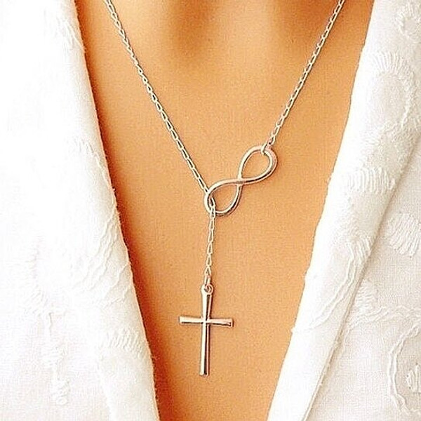 Sterling Silver Plated Infinity Cross Lariat Necklace product image