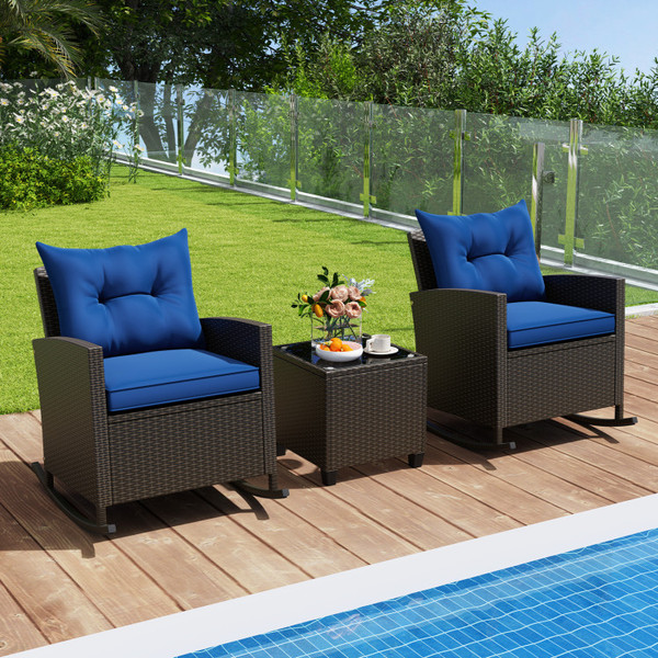 3-Piece Patio Rattan Rocking Chair Set with Tempered Glass Table & Soft Cushions product image