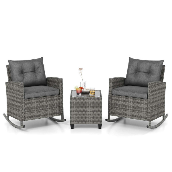3-Piece Patio Rattan Rocking Chair Set with Tempered Glass Table & Soft Cushions product image