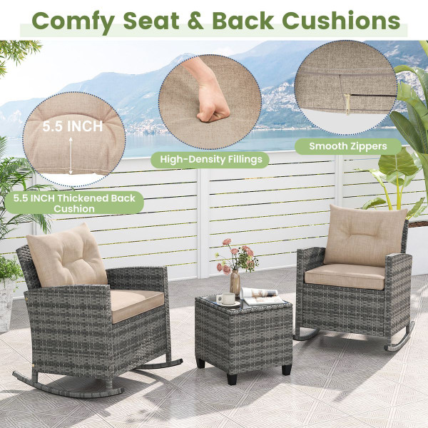 3-Piece Patio Rattan Rocking Chair Set with Tempered Glass Table & Soft Cushions product image