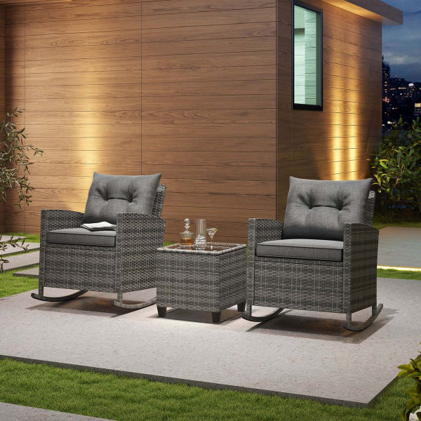 3-Piece Patio Rattan Rocking Chair Set with Tempered Glass Table & Soft Cushions product image