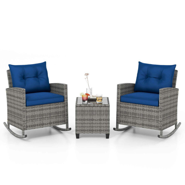3-Piece Patio Rattan Rocking Chair Set with Tempered Glass Table & Soft Cushions product image
