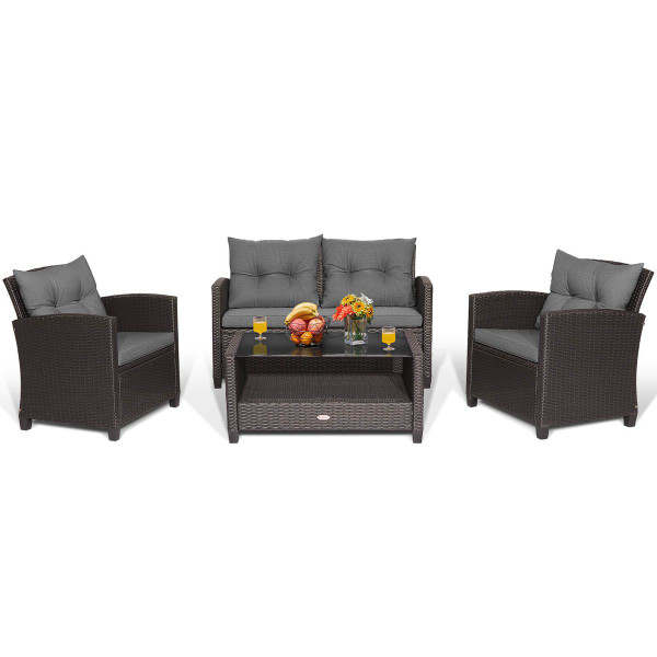 4-Piece Patio Rattan Furniture Set with 2-Tier Coffee Table product image