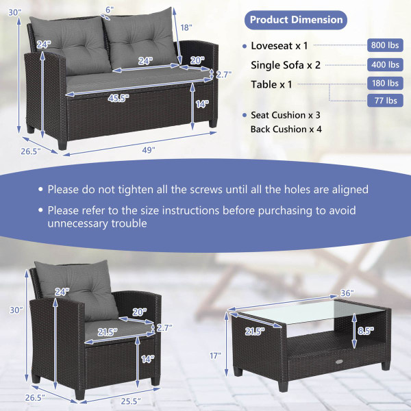 4-Piece Patio Rattan Furniture Set with 2-Tier Coffee Table product image