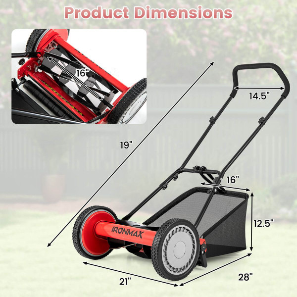Ironmax 16" Push Lawn Mower with 5-Blades and Grass Catcher product image