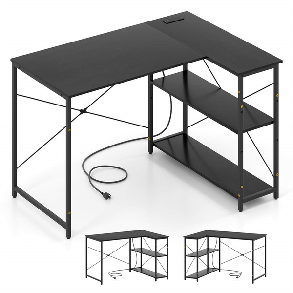 L-Shaped Computer Desk with Power Outlets and Removable Shelf product image