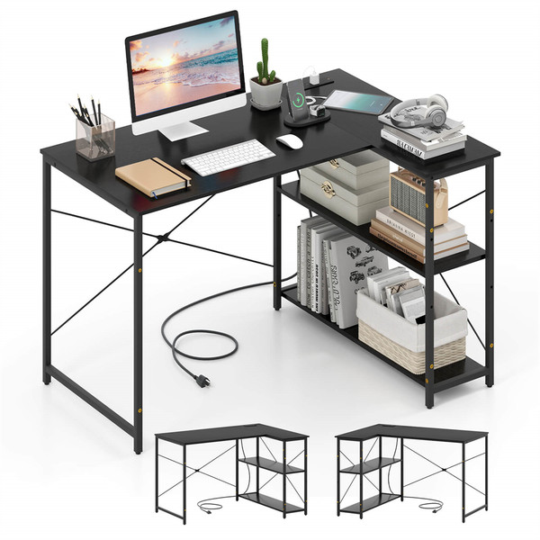 L-Shaped Computer Desk with Power Outlets and Removable Shelf product image