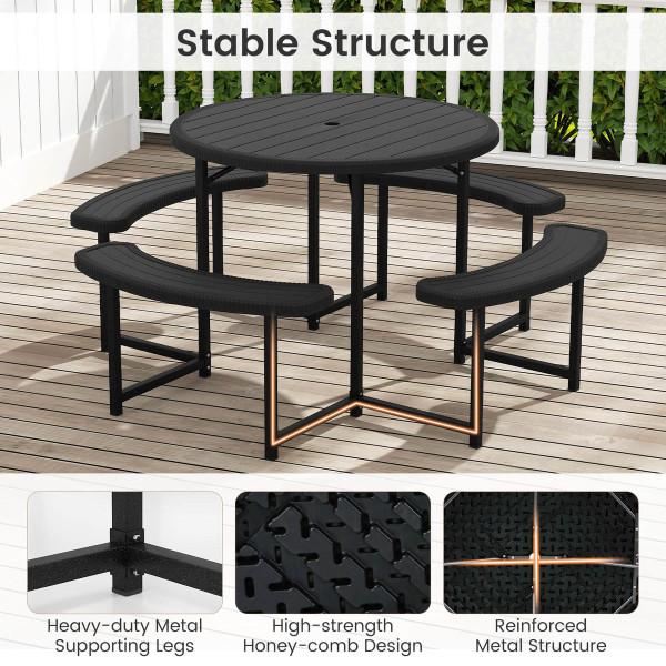 Round Picnic Table Set with 4 Curved Benches and 1.57" Umbrella Hole product image