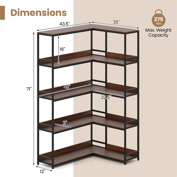 5-Tier 71"  L-Shaped Corner Bookcase with 2 Anti-Toppling Kits product image