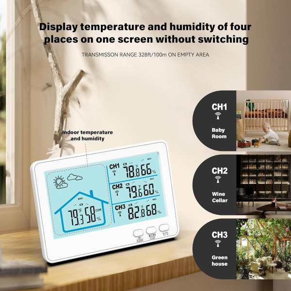 Indoor Outdoor Thermometer Wireless, 5 Inch Display Digital Hygrometer Thermometer Monitor with Sensor and Weather Station, White product image