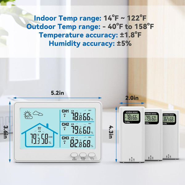 Indoor Outdoor Thermometer Wireless, 5 Inch Display Digital Hygrometer Thermometer Monitor with Sensor and Weather Station, White product image