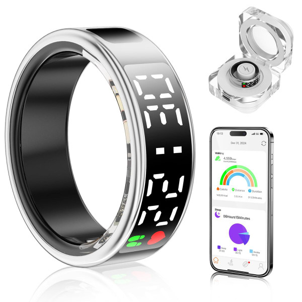 Smart Ring with Display Screen & Touch Button,Bluetooth Connection for Women Men,Fitness Tracker Sleep Monitoring Waterproof(Silver-9#) product image