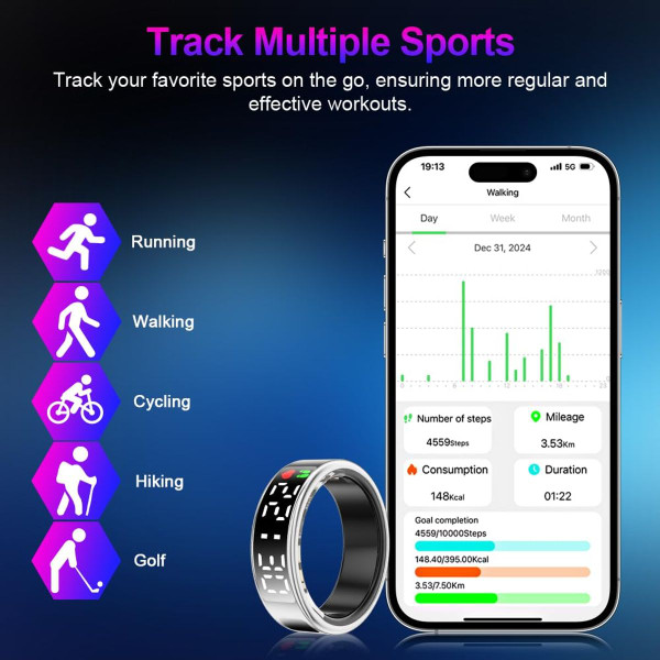 Smart Ring Tracker with Display Screen & Touch Button,Bluetooth Connection for Women Men,Fitness Tracker Sleep Monitoring Waterproof(Silver-12#) product image