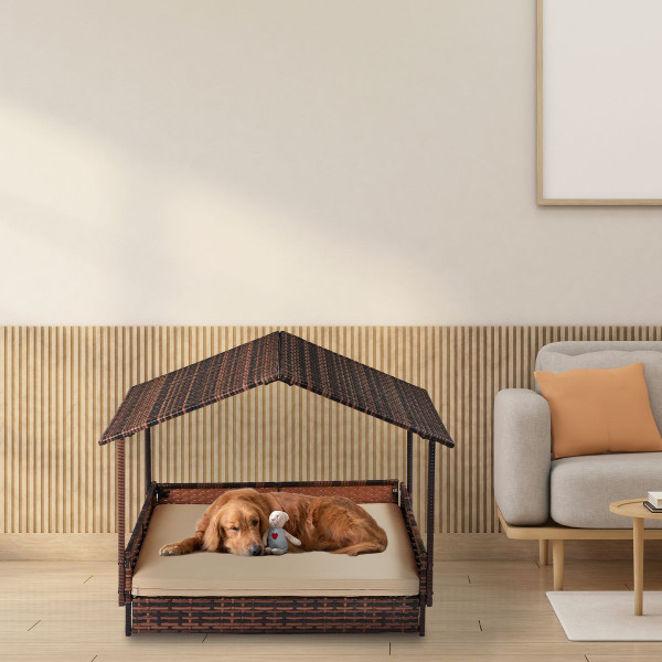 Rattan Dog Bed with Canopy and Washable Cushion Cover product image