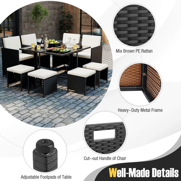  9-Piece Patio Dining Set with Tempered Glass Table and Ottoman product image