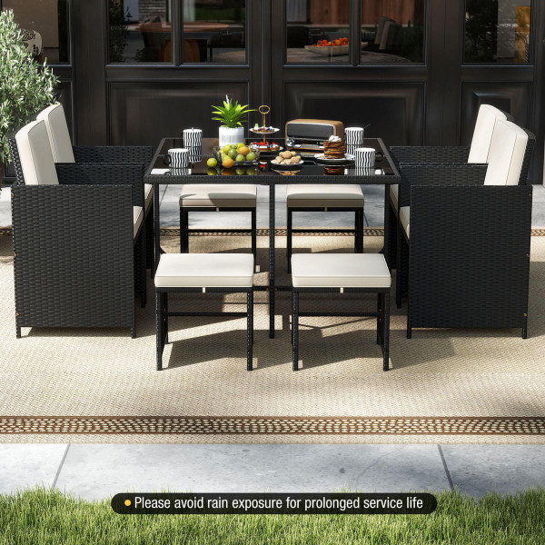  9-Piece Patio Dining Set with Tempered Glass Table and Ottoman product image