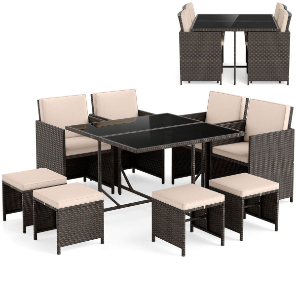  9-Piece Patio Dining Set with Tempered Glass Table and Ottoman product image