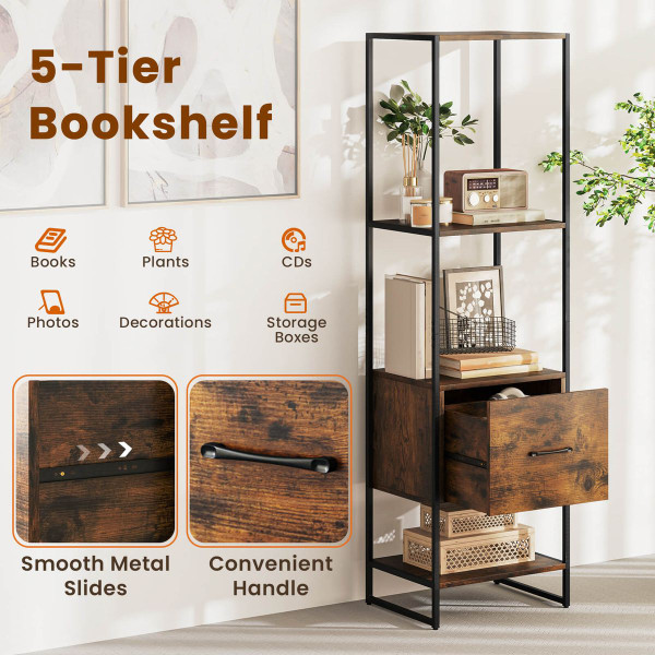 5-Tier Bookshelf with Open Shelves and Drawers product image 5-Tier Bookshelf with Open Shelves and Drawers product image