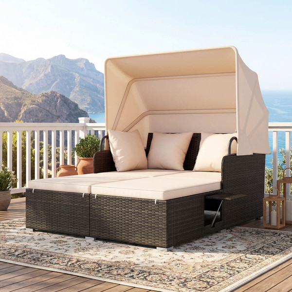 Patio Rattan Daybed Lounger with Retractable Canopy and Pop-up Side Tables product image