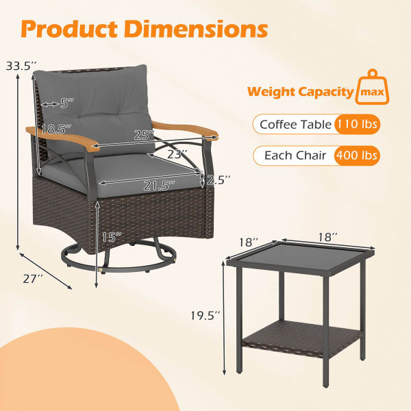 3-Piece Outdoor Swivel Chair Set with 2-Tier Tempered Glass Side Table product image 3-Piece Outdoor Swivel Chair Set with 2-Tier Tempered Glass Side Table product image