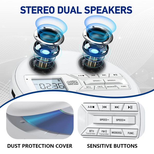 Rechargeable Portable CD Player with Dual Speakers and Anti Skip,CD,Dual Bluetooth,FM Transmission,USB,AUX,LCD Display,Backlit Button,Repeat-White product image Rechargeable Portable CD Player with Dual Speakers and Anti Skip,CD,Dual Bluetooth,FM Transmission,USB,AUX,LCD Display,Backlit Button,Repeat-White product image