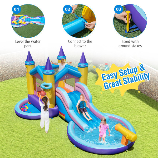Inflatable Castle Water Slide with Handrails and Basketball Rim product image Inflatable Castle Water Slide with Handrails and Basketball Rim product image