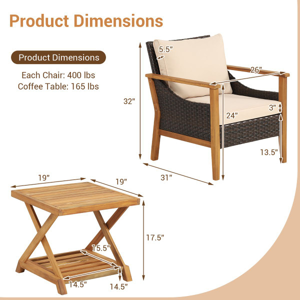 3-Piece Patio Wicker Furniture Set with 2-Tier Side Table product image