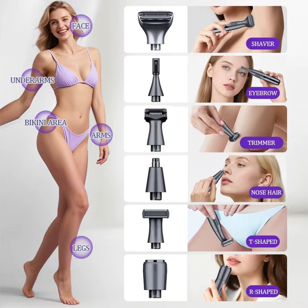 6-in-1 Women Electric Shaver Replaceable Heads for Whole Body Private Epilator Shaving Razor Nose Hair Trimmer Color Black product image