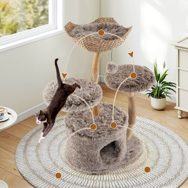 Solid Wood Cat Tree with Woven Cattail Basket product image