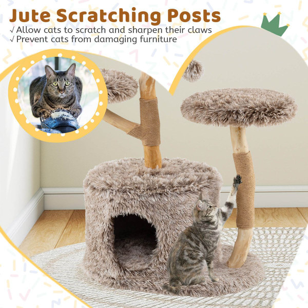 Solid Wood Cat Tree with Woven Cattail Basket product image