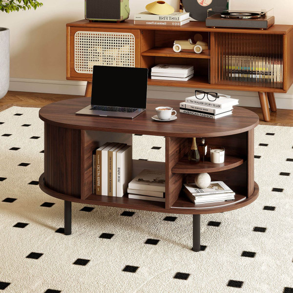 Oval Coffee Table with Sliding Tambour Doors product image