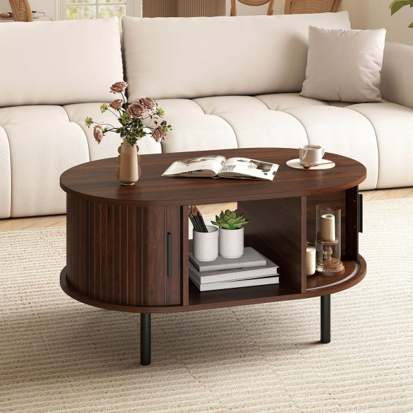 Oval Coffee Table with Sliding Tambour Doors product image