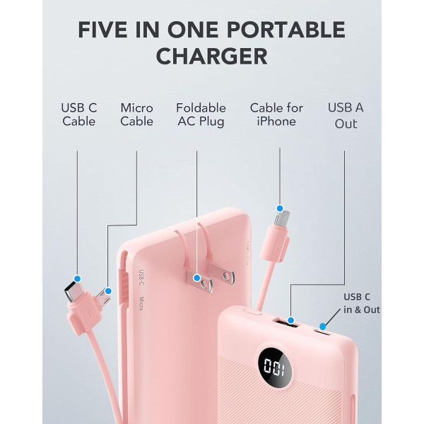 10000mAh Power Bank with Built-in Cables and AC Wall Plug product image