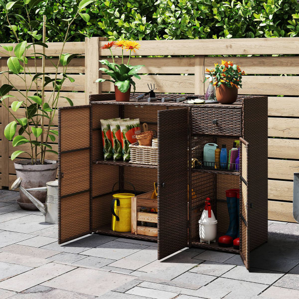 Outdoor PE Wicker Storage Cabinet with 3 Doors and Adjustable Shelves product image