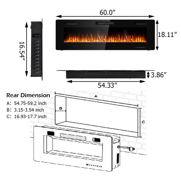 Electric Ultra Thin Wall Mounted Recessed Fireplace product image