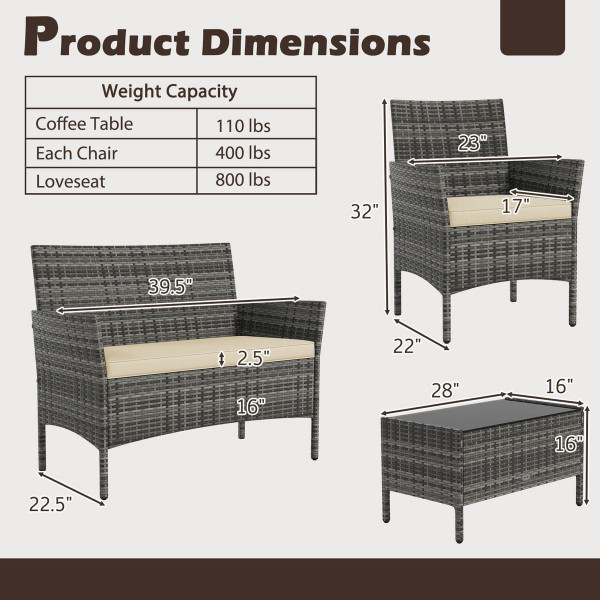 4-Piece Patio Furniture Set with Tempered Glass Coffee Table  product image 4-Piece Patio Furniture Set with Tempered Glass Coffee Table  product image
