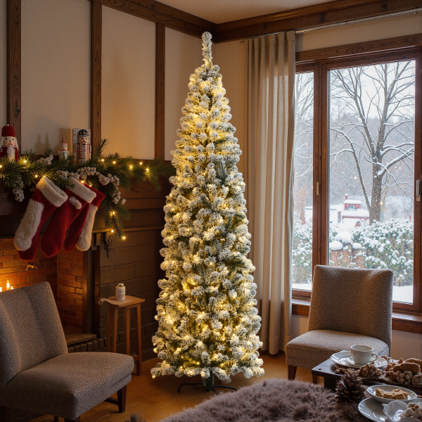 Pre-lit Snow Flocked Artificial Christmas Pencil Tree product image