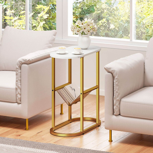 End Table with Faux Marble Tabletop and Magazine Holder product image