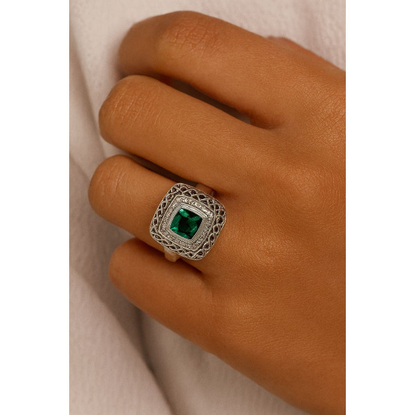 Stunning Emerald & Diamond Ring in Sterling Silver product image