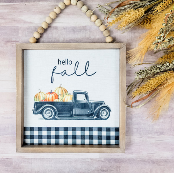 "Hello Fall" Wood Beaded Farmhouse Framed Sign Wall Decor product image