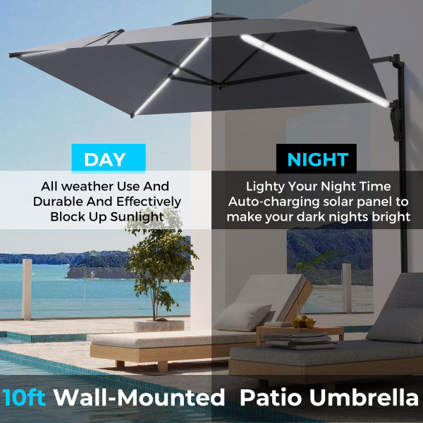10FT Solar LED Wall Mounted Outdoor Patio Umbrella product image