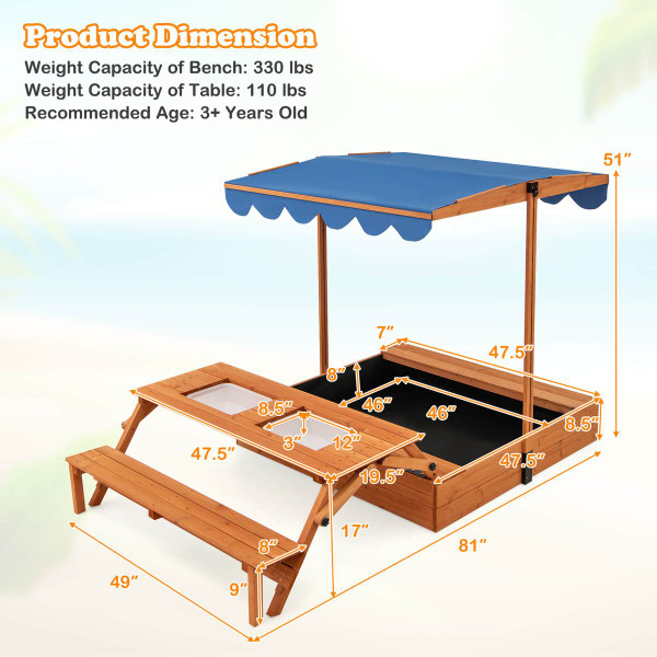 Wooden Sandbox with Lid Cover and Adjustable Canopy product image