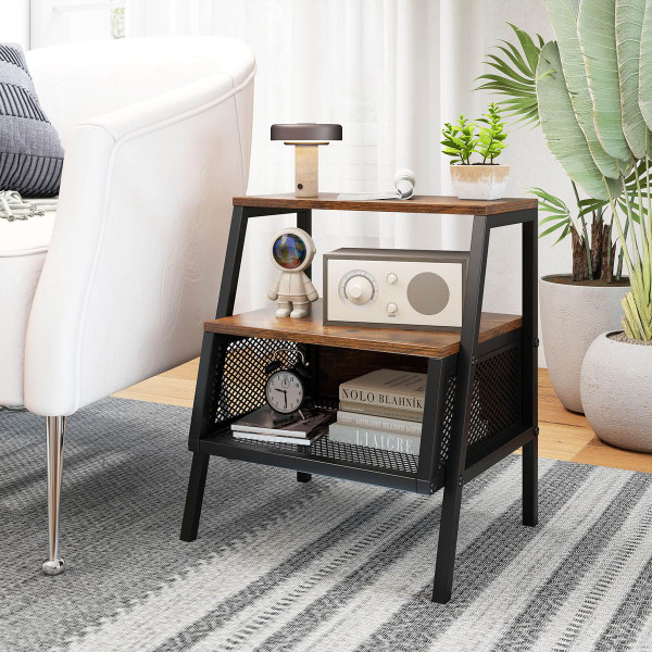 3-Tier Industrial Nightstand with 2 Open Shelves product image