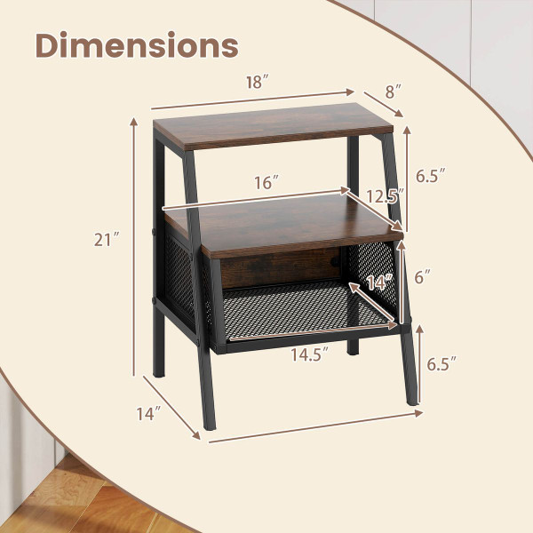 3-Tier Industrial Nightstand with 2 Open Shelves product image
