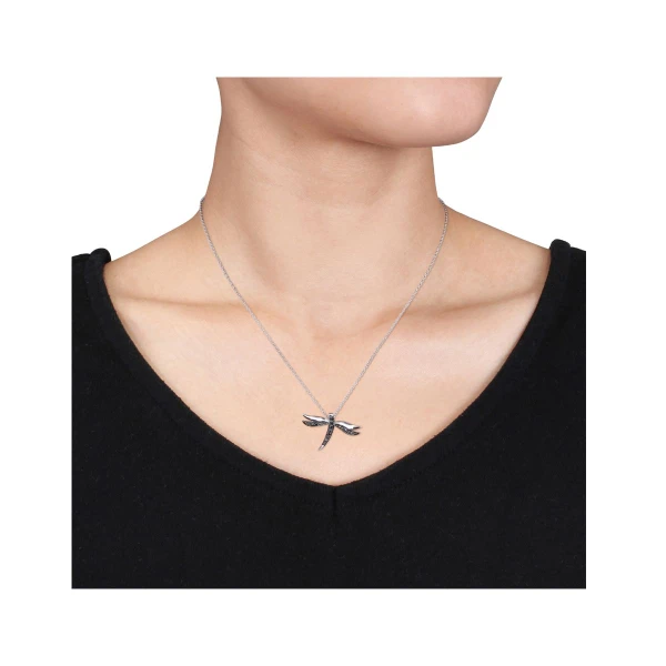 Black Accent Diamond Dragonfly Necklace In Sterling Silver product image