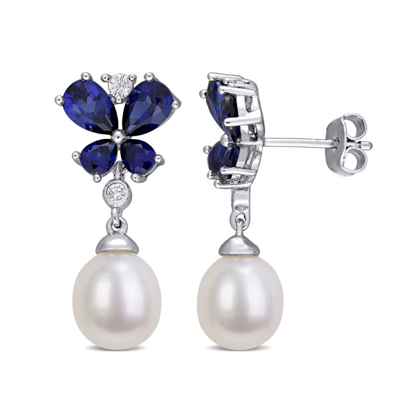 8-8.5mm Freshwater Pearl and Lab-Created  Blue and White Sapphire Earrings product image