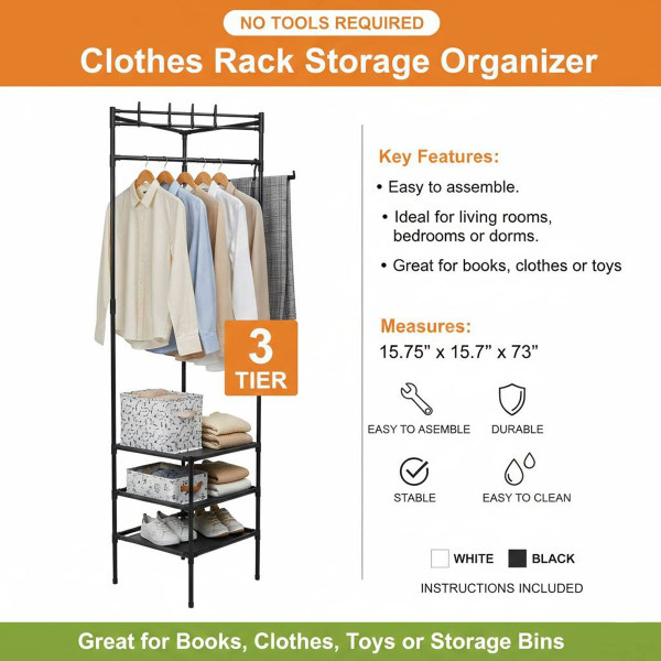 3-Tier Corner Clothing and Shoe Storage Organizer Rack product image